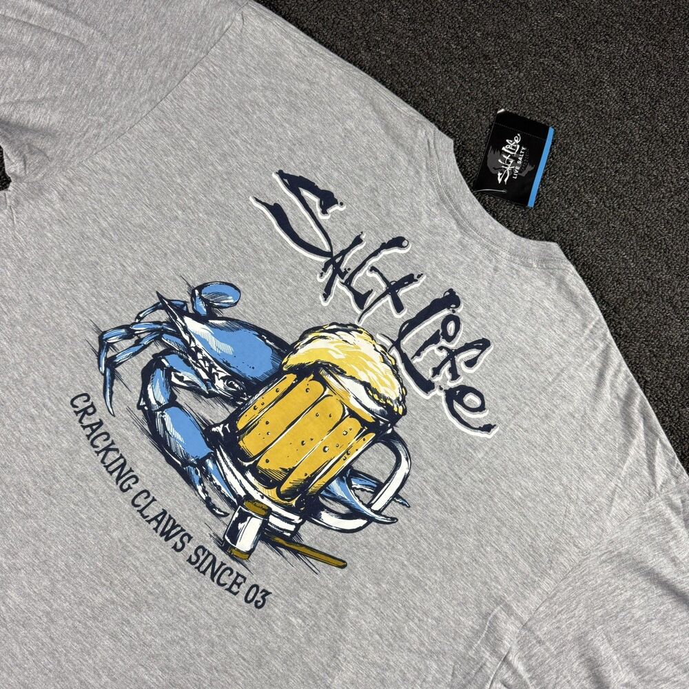 NWT Salt Life Men's T-Shirt Size XL Gray Cracking Claws Beer Short Sleeve Shirt